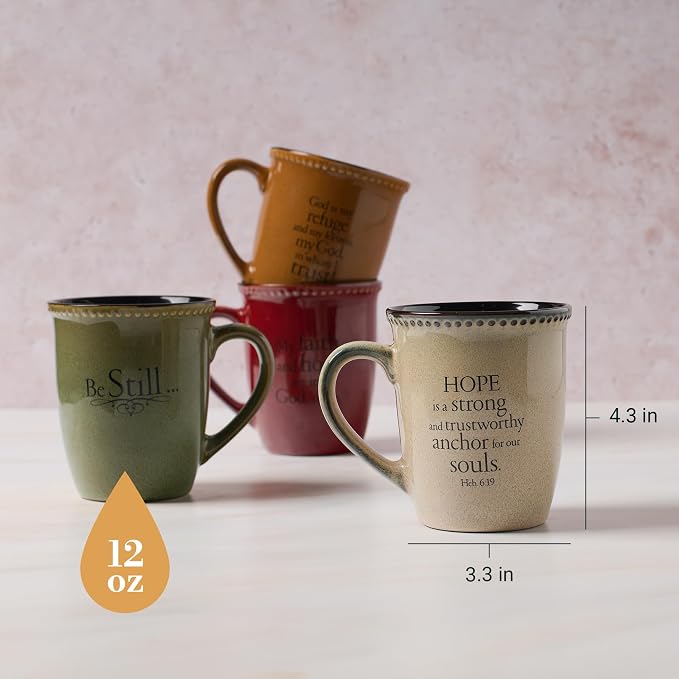 Christian Art Gifts Set of Four Rustic Stoneware Coffee/Tea Mugs w/Bible Verses Sage Green, Ivory, Paprika Red, Pumpkin Orange Inspirational Coffee/Tea Cup for Men and Women - Image 3