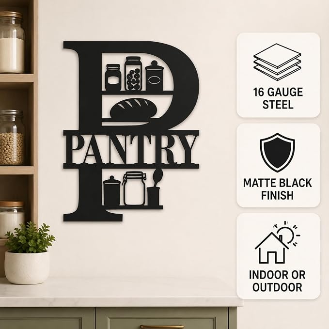 Pantry Metal Wall Decor, Farmhouse Kitchen Pantry Sign, 14 Inch | 14-inch matte black metal pantry sign with pre-drilled holes for farmhouse, rustic, modern, or industrial kitchen decor. - Image 5