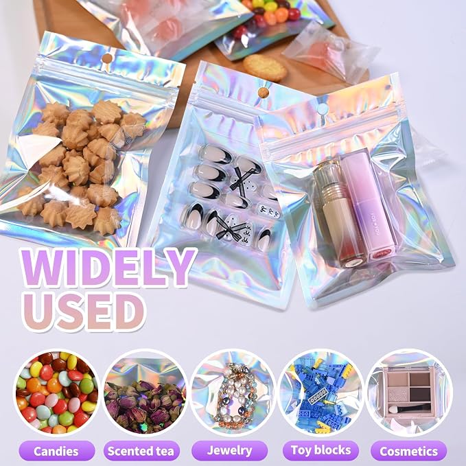 4"X6"120Pcs Resealable Holographic Aluminum Stand Bag for Small Business&Personal, Reusable Smell Proof Mylar Bags with Clear Window Ziploc Foil Pouch for Packaging,Jewelry,Nail Art,Makeup,Candy,Snack - Image 4