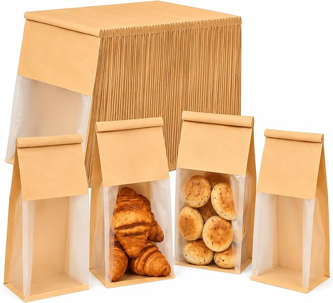 Kraft Bakery Bags with Window & Tin Tie, Stand Up Bread Bags | Window Paper Bags for Homemade Bread, Cookies, Pastries & Treats, Grease Resistant Packaging for Bake Sale, Bakery & Gifts by HSIULMY