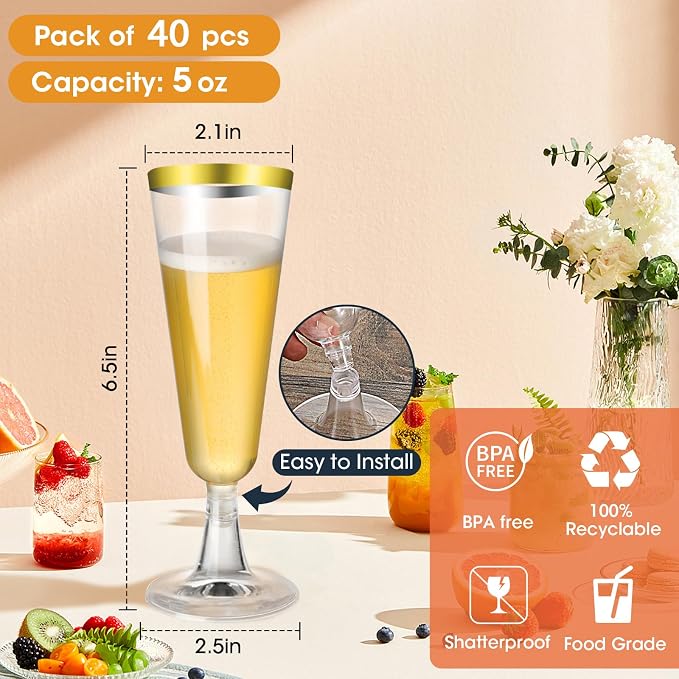 SUREHOME Gold Champagne Flutes Plastic Champagne Glasses Disposable 40 Pack 5 Oz Gold Rim Crystal Stemware Wedding Toasting Wine Mimosa Glasses Cups Bulk for Birthday Graduation Party Supplies 2026 - Image 7