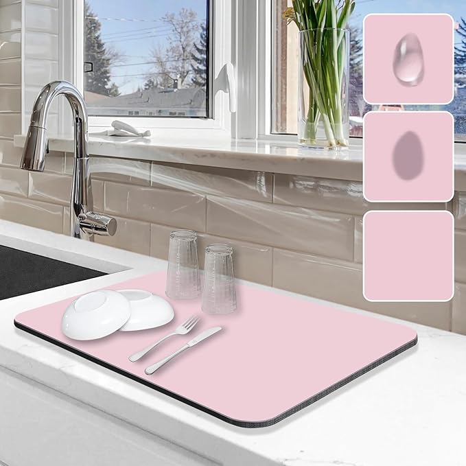 Dish Drying Mat for Kitchen Counter, 12"x19" Pad with Rubber Backed (Pink) | Hide Stain Anti Absorbent for Kitchen Counter, Non-slip Drying Mat for Coffee Machine Dish Rack by Etomiel