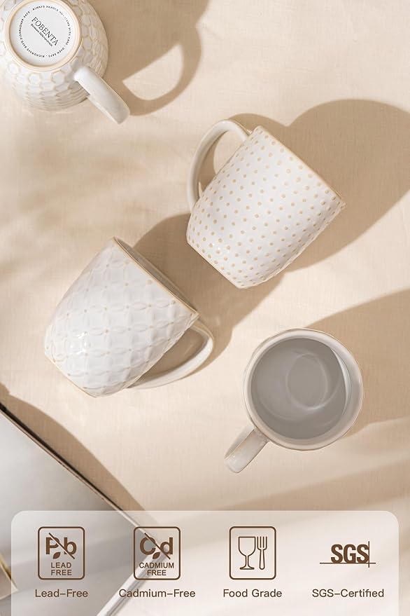 FOBENTA Ceramic Coffee Mugs Set of 4, 12oz Embossed Cups with Elegant Patterns – A Thoughtful Gift for Women, Mom, or Friends,Perfect for Tea, Latte, Cocoa (Arctic White, 12 OZ) - Image 3
