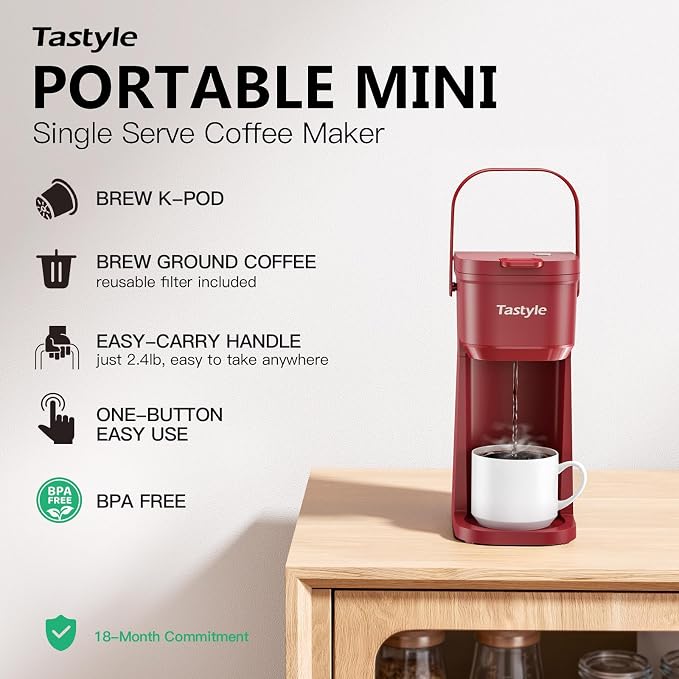 Tastyle Mini Single Serve Coffee Maker for K Cups and Grounds with Handle | for Travel, Camping, Office, RV and Dorm, Portable Handle, 120V, 6 to 12 Oz Brew Size, BPA Free, K302, Vintage Red - Image 2