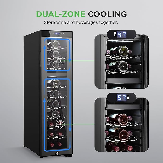 NutriChef PKCWCDS275 Dual-Zone Wine Cooler, 27-Bottle Refrigerator, Digital Touch Button Control with Air Tight Seal, Adjustable Temp 41-64F, Freestanding Cooler, Black