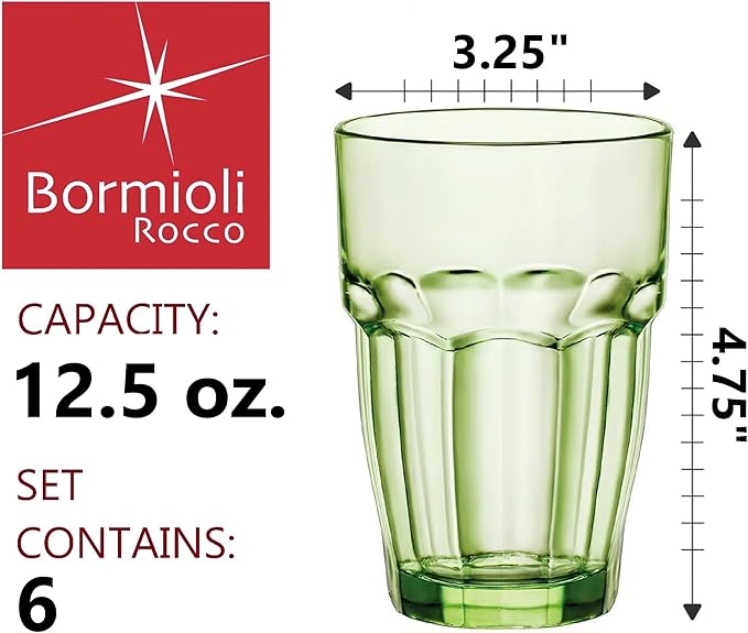 Bormioli Rocco Rock Bar 12.5 oz. Long Drink Stackable Tempered Beverage Glasses for Cold Drinks, Water, and Cocktails, Set of 6, Mint Green - Image 2