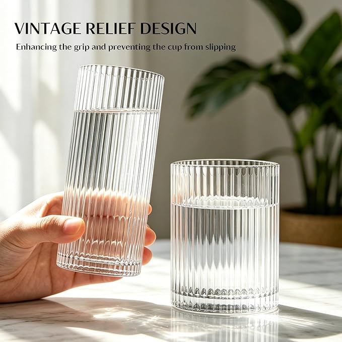 INSETLAN Set of 8 Vintage Glassware - 4 Highball Glasses 12 oz, 4 Rocks Glass Cups 14 oz, Ribbed Glassware Cocktail Glasses, Ideal for Wine, Juice, Water, Ice Coffee Cup, Whiskey, Mixed Drinkware - Image 3
