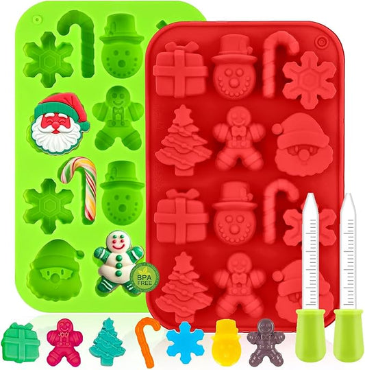 2 Pack Christmas Candy Cane Mold With 2 Dropper,Xmas Theme Baking Molds for Making Chocolate, Candy, Gummy and More - Red & Green