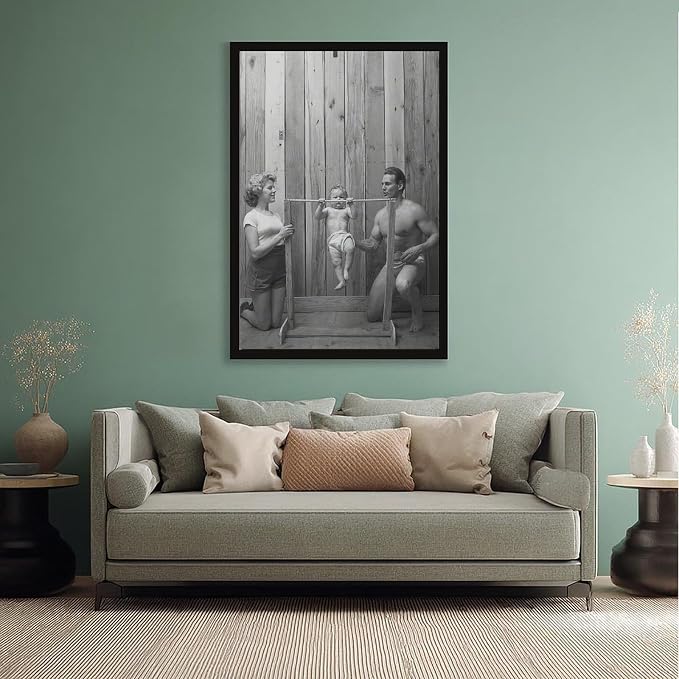 UXCBIA Baby Doing Pull-ups, Bodybuilder Family Black And White Retro Poster Canvas Poster Bedroom Decor Sports Landscape Office Room Decor Gift Black Frame 12x18in(30x45cm) - Image 5
