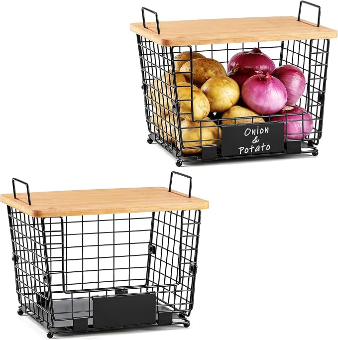 2 Set Large Stackable Wire Basket with Bamboo Tops & Tag- Pantry Organizer and Storage Bins, Kitchen Counter Cabinet Shelf Countertop Under Sink Organizing for Food Snack Produce Onion Potato Bread - Image 8