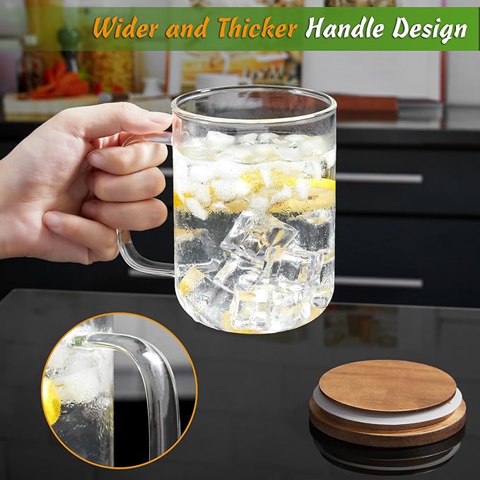 DRASTAR Glass Coffee Cups, 20 oz Large Coffee Mugs, Flat Bottomed Cups with Acacia Wood Lid, Glass Tea Cup with Handle, ClearTea Cup Set of 4