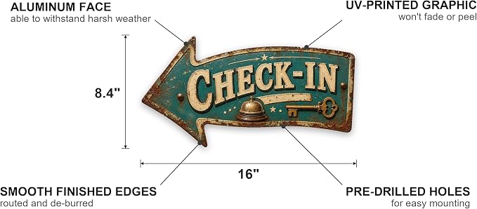 Check-In Left-Pointing Arrow Sign — Die-Cut Metal Directional Wall Decor | powder-coated metal, vintage, durable print, ready to hang - Image 2