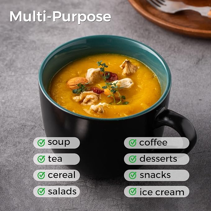 GBhome Jumbo Soup Mugs with Handles, 24 Oz Large Coffee Mugs Set of 4 | Ceramic Soup bowls for Soup Cereal Snacks Salad Noodles Cups, Microwave safe - Matte Black, Green Inside - Image 5
