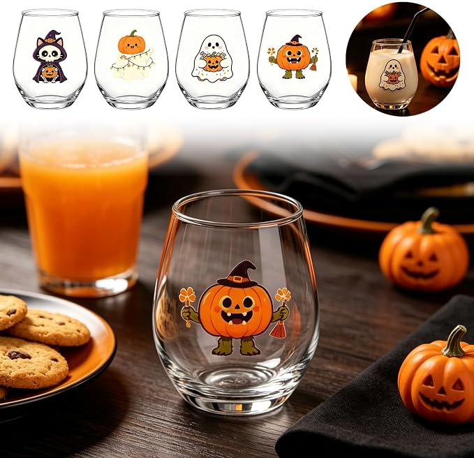 Halloween Stemless Wine Glass, Cute Pumpkin Ghost Cat Egg Shaped Tumbler, Clear Waterproof Printed Glassware, Festive Decorative Cup, Halloween Party Supplies & Holiday Gift for Women, D - Image 6