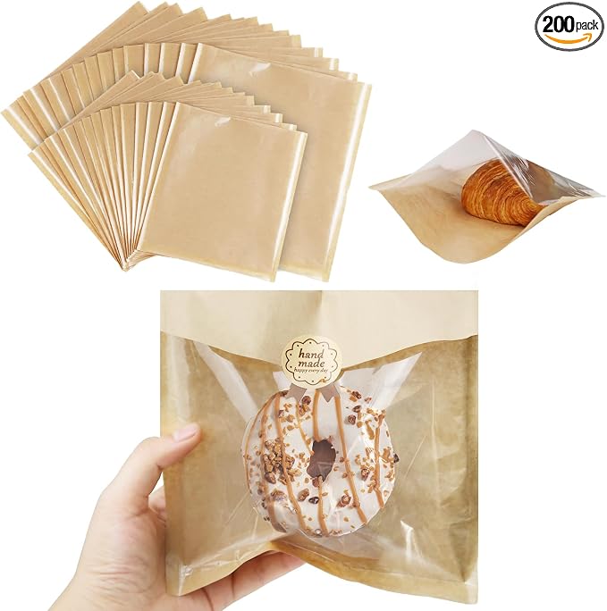 Bakery Bags Visible Dessert Bags with Window, Greaseproof Heat Seal Kraft Paper, Suitable Baked Goods Packaging for Donuts, Bakery Snacks, Sandwiches, Sandies, Cookies (S-100PCS + L-100PCS, Brown) by RFSLDUN