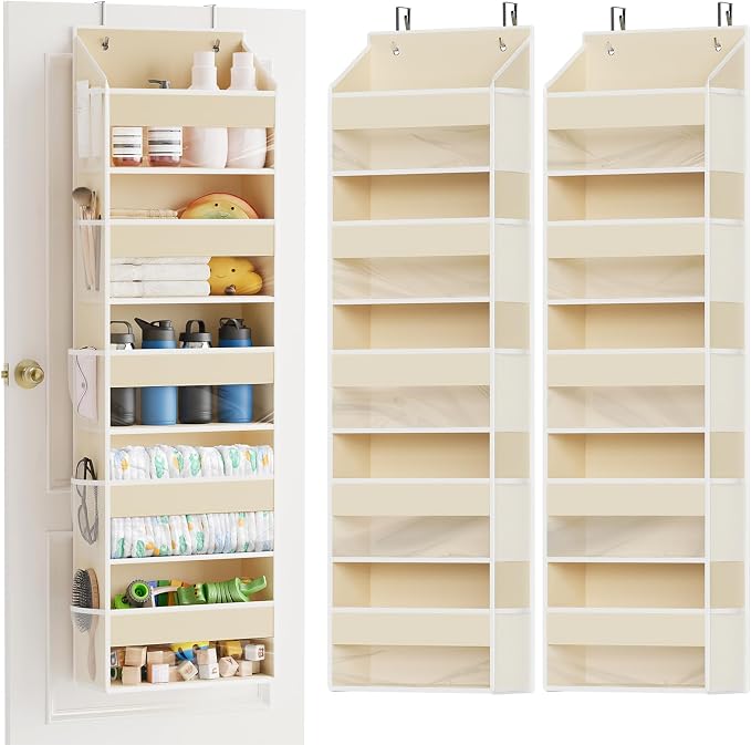 SpaceAid 2 Pack Over The Door Organizer with 5 Large Pockets and 10 Mesh Side Pockets, 5 Layers Door Organizer Hanging with Clear Window for Bedroom, Bathroom, Pantry and Nursery, Beige by SpaceAid