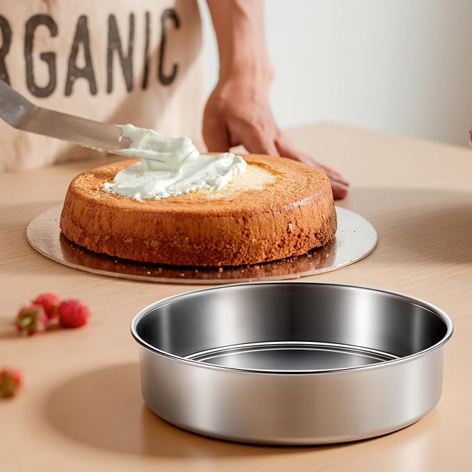 8 inch Cake Pans, Round Baking Layer Cake Pan Set of 2, Stainless Steel Mirror Finish & Dishwasher Safe for Birthday, Party, Wedding - Image 2