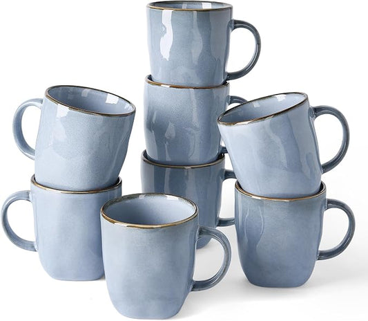 famiware Coffee Mugs Set of 8, Ocean Square 13oz Coffee Cup Set with Handle for Cocoa, Milk, Hot Chocolate, Tea, Water, Stoneware Cups for Kitchen, Microwave and Dishwasher Safe, Blue by Famiware