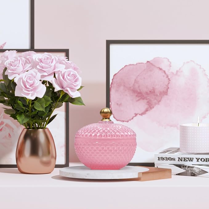 Joeyan 12 oz Small Pink Glass Jewelry Box Jars with Lid,Embossed Glass Candy Dishes,Diamond Faceted Food Container,Decorative Apothecary Canisters,Colored Kitchen Bathroom Buffet Storage Organizer - Image 5