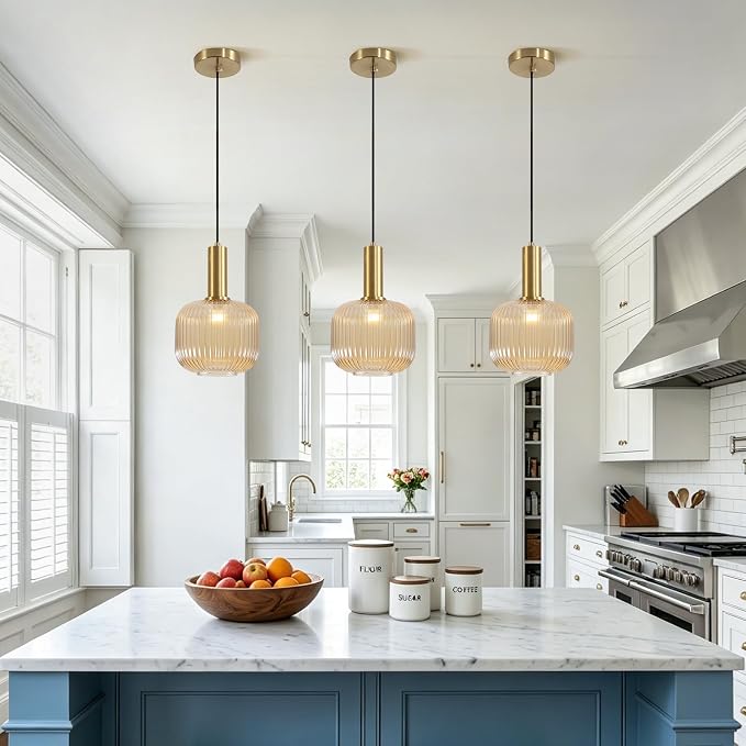 KCO Lighting MCM Gold 7.9" Amber Ribbed Glass Pendant Lights Kitchen Island | Adjustable Cord for Sloped Ceilings, E26 Base, Vintage Brushed Brass Hanging Light for Living Dining Room Hallway Bar Bedroom - Image 4