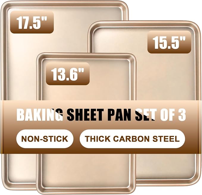 Baking Sheet Pan Set of 3, Nonstick Commercial Cookie Sheets for Baking | Commercial Half/Quarter/Jelly Roll Pans Replacement Toaster Oven Tray, Heavy Duty & Easy Clean by Deedro