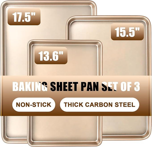 Baking Sheet Pan Set of 3, Nonstick Commercial Cookie Sheets for Baking | Commercial Half/Quarter/Jelly Roll Pans Replacement Toaster Oven Tray, Heavy Duty & Easy Clean by Deedro