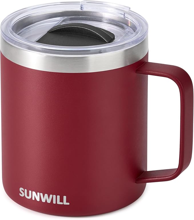 SUNWILL Travel Coffee Mug with Lid, Insulated Tumbler with Handle, 14 oz Stainless Steel Cup for Ice, Water, Tea, Powder Coated Wine Red by SUNWILL
