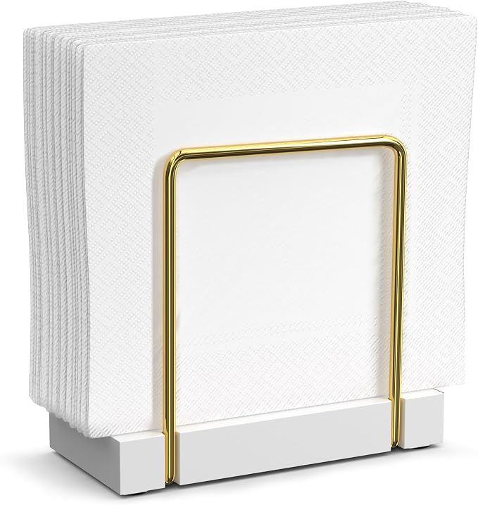 Wican Napkin Holder for Table, Bamboo Iron Standing Napkin Dispenser | Dining Table Farmhouse Cocktail Picnic Rustic Wood Holders, Suitable for All Kitchen Dining Room Decor, Gold & White by Wican