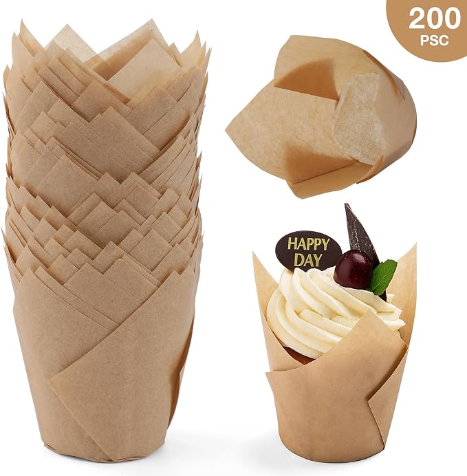 200pcs Tulip Cupcake Liners, Standard Greaseproof Paper Baking Cups Muffin Liners Holders Perfect for Bridal Showers, Baby Showers, Birthday Parties, Banquets, and Catering Events (Natural) - Image 5