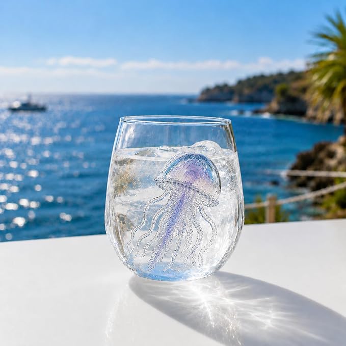 Coastal Stemless Wine Glasses Set of 4, 12oz 3D Ocean Animal Artisan Glassware Collection with Unique Sea Life Designs (F - Set of 1) by Lifmagic