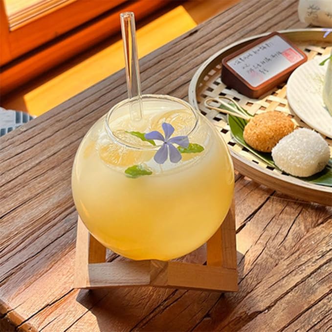 Drink Cup Cocktails Mug Glassware Juices Tumblers Creative Ronud Ball Glass Cup with Wood Stand Drinking Glassware Restaurant Cold Drinking Juices Cups - Image 8