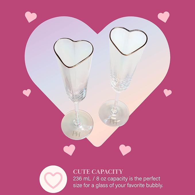 Paris Hilton Heart Shaped Champagne Flute Gift Set, Elegant Handmade Glassware Set, Perfect for Celebrations, Weddings or any Special Occasion, 2-Piece Set, 5.5-Ounce, Iridescent with Gold Rim - Image 4