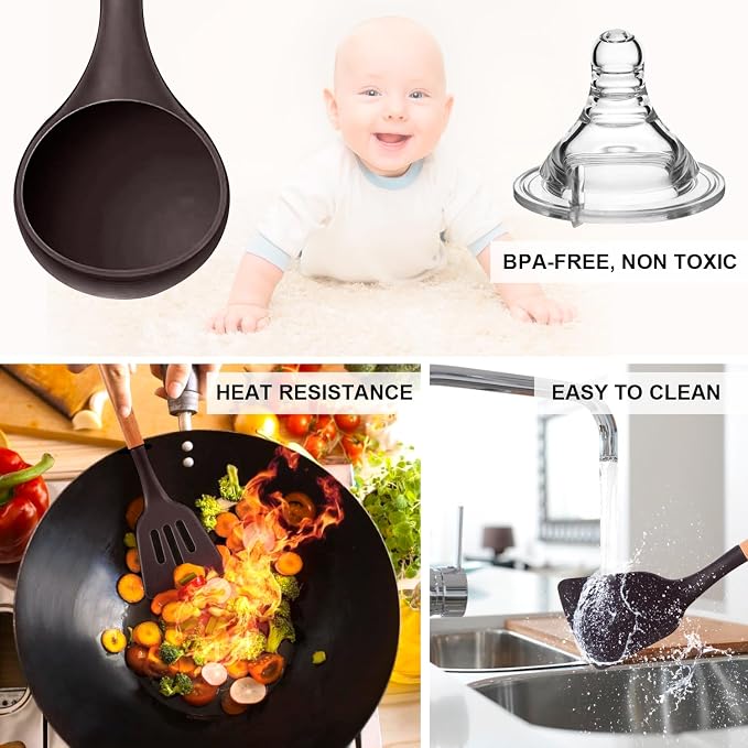 MIBOTE Silicone Cooking Kitchen Utensils Set, Wooden Handle, Coffee | BPA-Free, Non-Toxic Silicone Turner, Tongs, Spatula, Spoon Set – Great for Nonstick Cookware, Heat-Resistant, Easy Clean - Image 6
