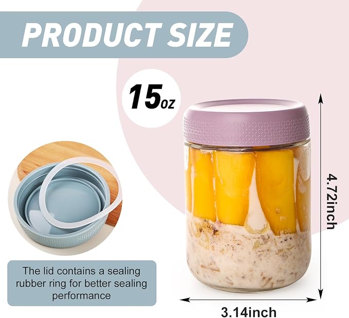 YUNCANG 6-pack Overnight Oats Containers with Airtight Lids, 16 oz Wide Mouth Mason Salad jars, Glass Food Storage Containers for Sugar Spice Yogurt Snacks - Image 6