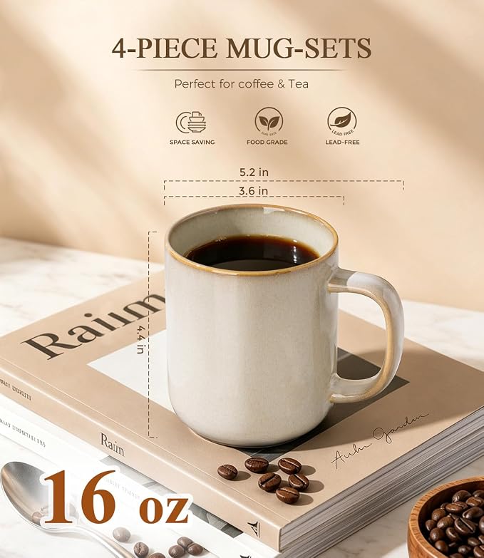 GBhome Large Coffee Mugs Set of 4, 16oz Handmade Coffee Mugs Set with Large Handle for Cappuccino/Latte/Tea/Hot Cocoa, Dishwasher & Microwave Safe-Cappuccino - Image 2