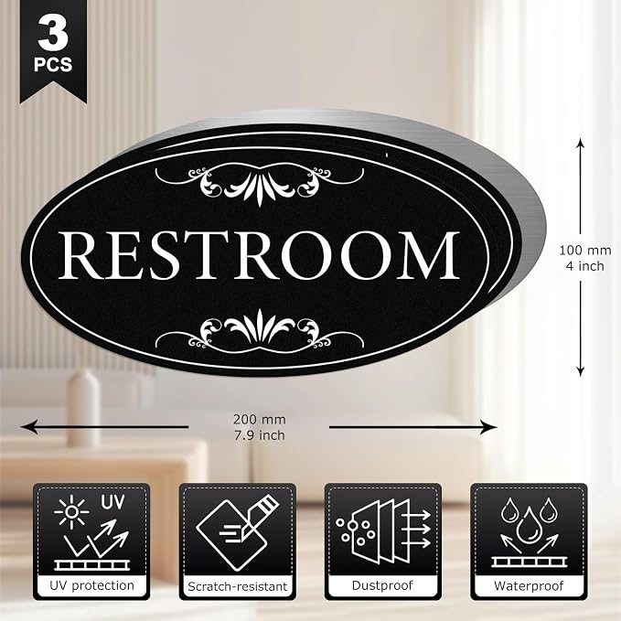 3 Pack Restroom Sign Laundry Pantry Door Sign 8 × 4 Inch Aluminum | Bathroom Metal Signage, Rust-Proof, Waterproof, 6 Self‑Adhesive Tapes, for Door, Business, Home, Office - Image 2