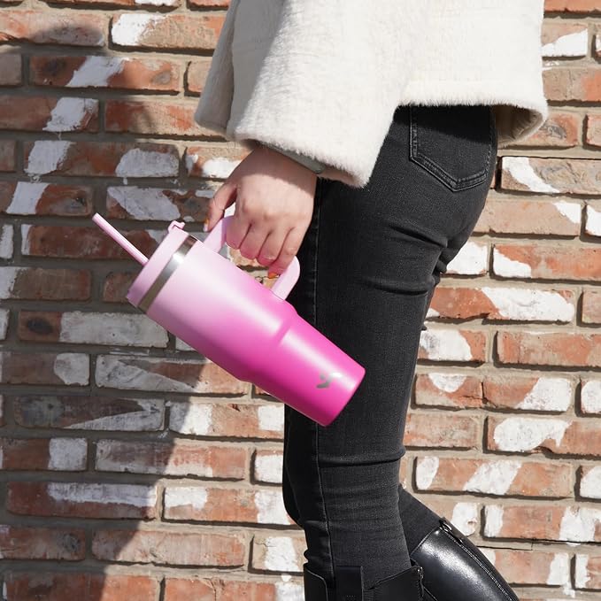 Konokyo 40 oz Insulated Tumbler Water Bottle with Handle, Straw Lid | BPA-free and dishwasher safe; made for gym, travel, coffee and gifting, 2 straws, cup holder friendly,Lemon - Image 7