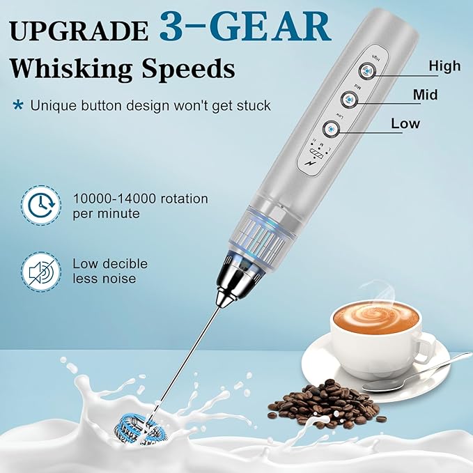Milk Frother Handheld for Coffee, Electric Whisk 3 Speed Adjustable, Drink Mixer with Stainless 3 Whisks, Rechargeable Hand Frother Wand, Foam Maker for Latte Cappuccino Matcha Egg Silver