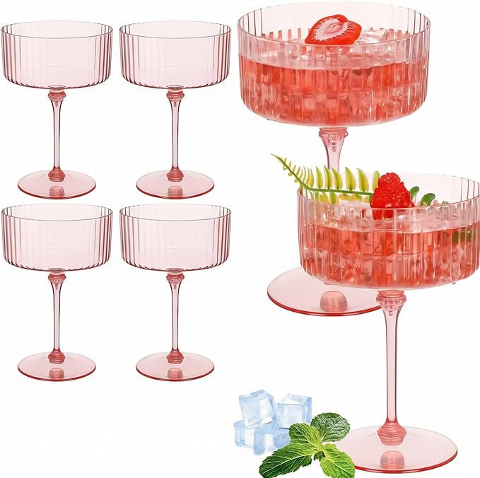 Jingmore 6 Pcs Ribbed Martini Glasses 10 oz Disposable Plastic Vintage Ribbed Coupe Glasses Unbreakable Dessert Parfait Glassware for Wedding Birthday Party Supplies (Pink) by Jingmore