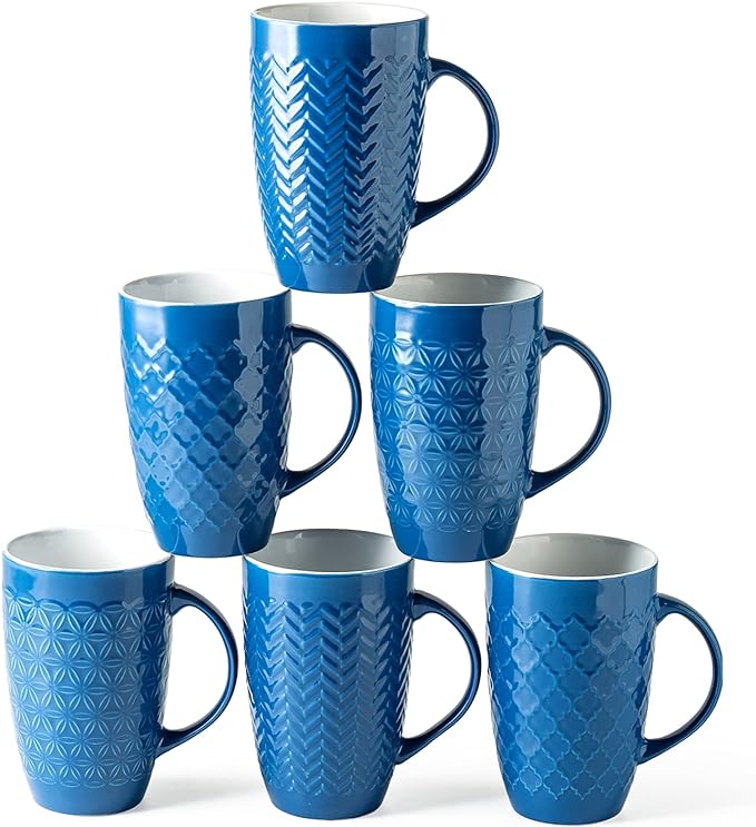 AmorArc Extra Large Coffee Mugs Set of 6, 20oz Ceramic Tall Coffee Mugs Set with Textured Geometric Patterns for Latte/Tea/Beer/Hot Cocoa, Dishwasher & Microwave Safe, Blue by AmorArc