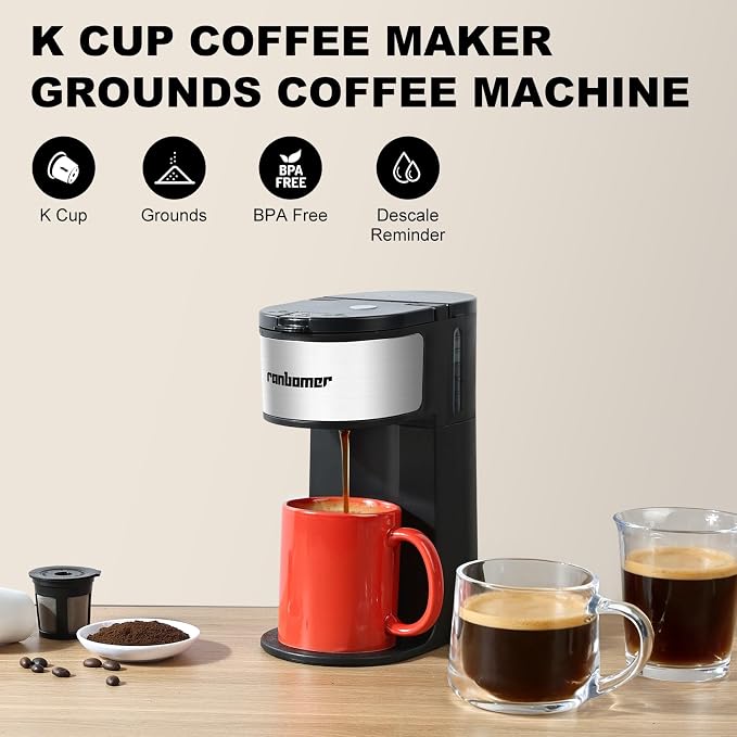 Ranbomer K Cup Coffee Maker, Single Serve coffee machine or Ground Coffee Machine 2 in 1, 6 to 14 Oz Brew Sizes, Mini One Cup Coffee Maker with Self cleaning Function (Black) - Image 2