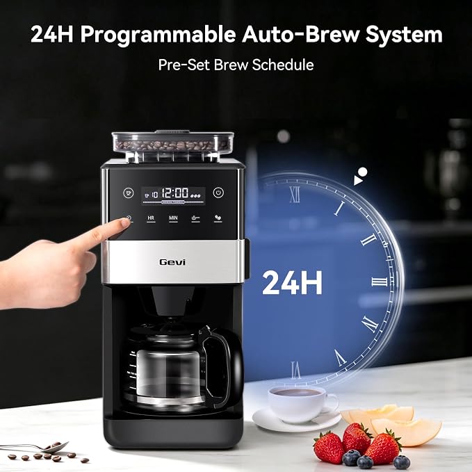 Gevi 10-Cup Grind & Brew Coffee Maker, Touch Screen, Programmable Brew | All-In-One 10-Cup Coffee Maker With Built-In Grinder & Glass Carafe, 90-Min Warm Plate, Reusable Filter, 1.5L Tank - Image 4