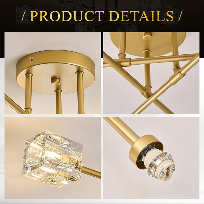 Modern Crystal Semi Flush Mount Ceiling Light Gold Sputnik Chandeliers 6 Lights Industrial 26" Chandelier for Foyer Entryway Kitchen Bedroom Living Room Dining Room - Image 9