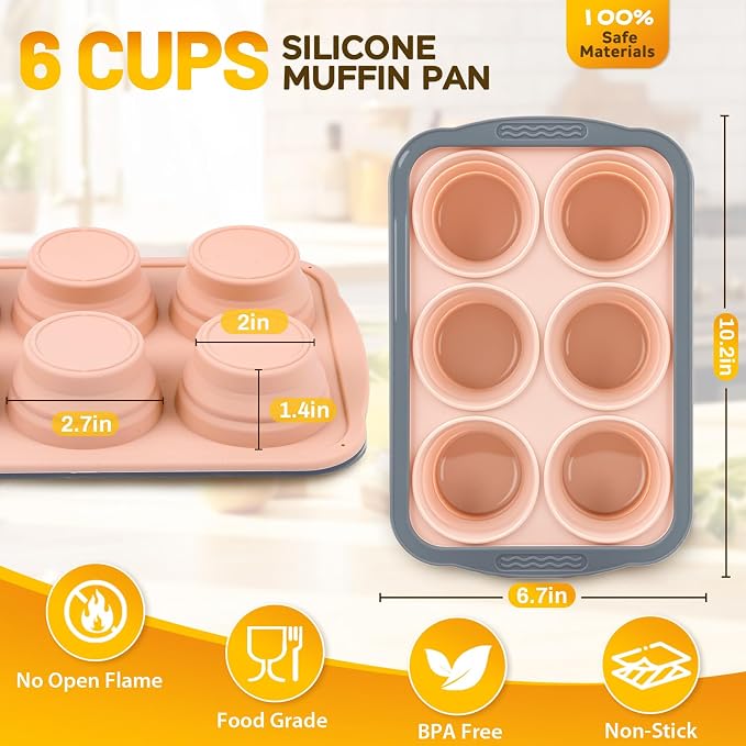 Silicone Muffin Pan, 6 Cups Non-Stick Cupcake Pan, Food-Grade BPA-Free Muffin Tin, Oven-Safe 450 °F, Reinforced Steel Frame, Easy-Grab Handles, Quick-Release 2.7" Baking Molds for Mini Treats - Image 2