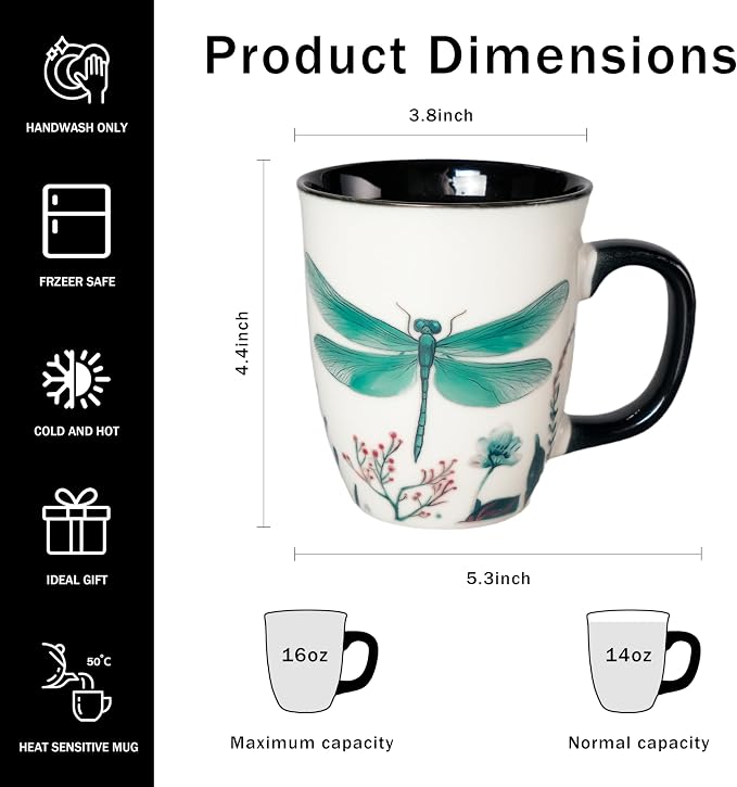 16 oz Dragonfly Mug - Color Changing Ceramic Coffee Cup - Ideal Gift for Women Dragonfly Gifts for Women - Image 3