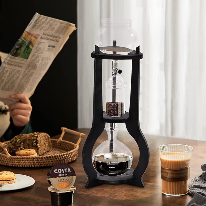 Cold Brew Coffee Maker, 600ml Iced Coffee Drip Tower with Adjustable Copper Valve, 304 Stainless Steel Filter & Glass Pots, Retro Wood Stand, Manual Pour-Over Iced Coffee Maker