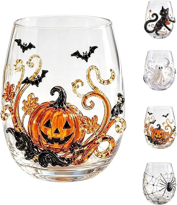Halloween Artisan Glassware Collection,Handmade Stemless Wine Glass,Gothic Style Artistic Glass Wine Goblet Home Decor Piece Featuring Spooky Pumpkin Design Halloween Party Home Decor Gift，C by Unknown