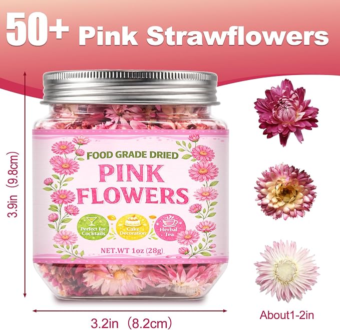 50+ Edible Dried Flowers for Cake Decorations - Food Grade Dried Pink Strawflower Blooms for Cocktail Garnish & Cupcakes, Drink Toppers, DIY Crafts - Image 2