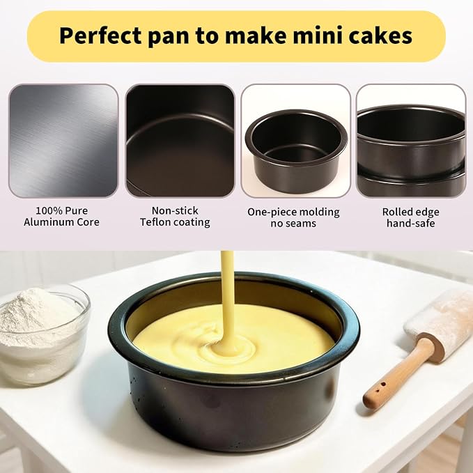 4 Inch Mini Cake Pans Set of 3, Small Round Carbon Steel Smash Cake Pans for Baking Individual Layer Cakes, Non-Stick Tiered Cheesecake Molds, Straight Edge & Dishwasher Safe - Image 3