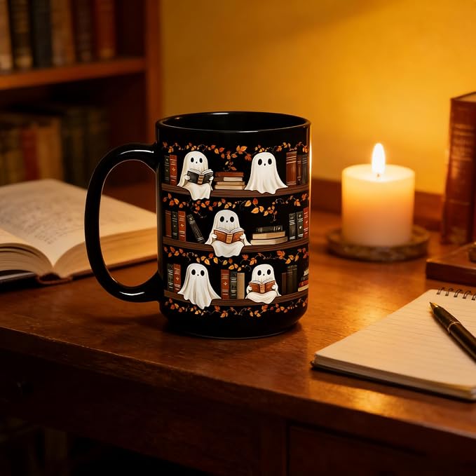 Halloween Ghost Reading Coffee Mug, Bookshelf Tea Cup, Black, 15oz | Ceramic, With Handle, Spooky Book Mug for Book Lovers & Readers, Novelty Festive Bookish Gift for Women, Friends, Coworkers - Image 5